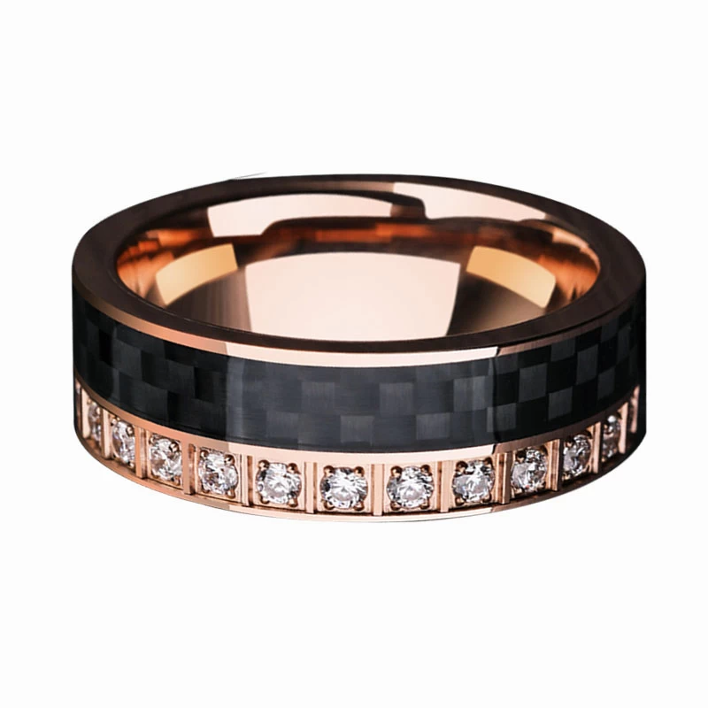 Neueste Stil Herren Wolfram Ehering Rose Gold Wolframkarbidring mit einem Kreis von schwarzem Kohlefaser und weißen CZ-Steinen auf einer Seite