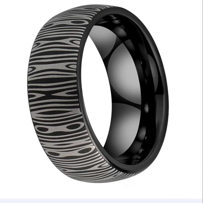Amazing Hot selling 8mm Domed Black Brushed Tungsten Carbide Ring with Damascus pattern engraving