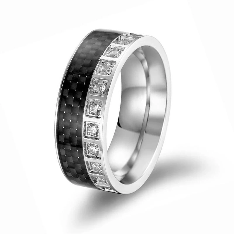 Newest Style Men\'s Tungsten Wedding Band Tungsten Carbide Ring with a Circle of Black Carbon Fiber and white CZ Stones on one Side
