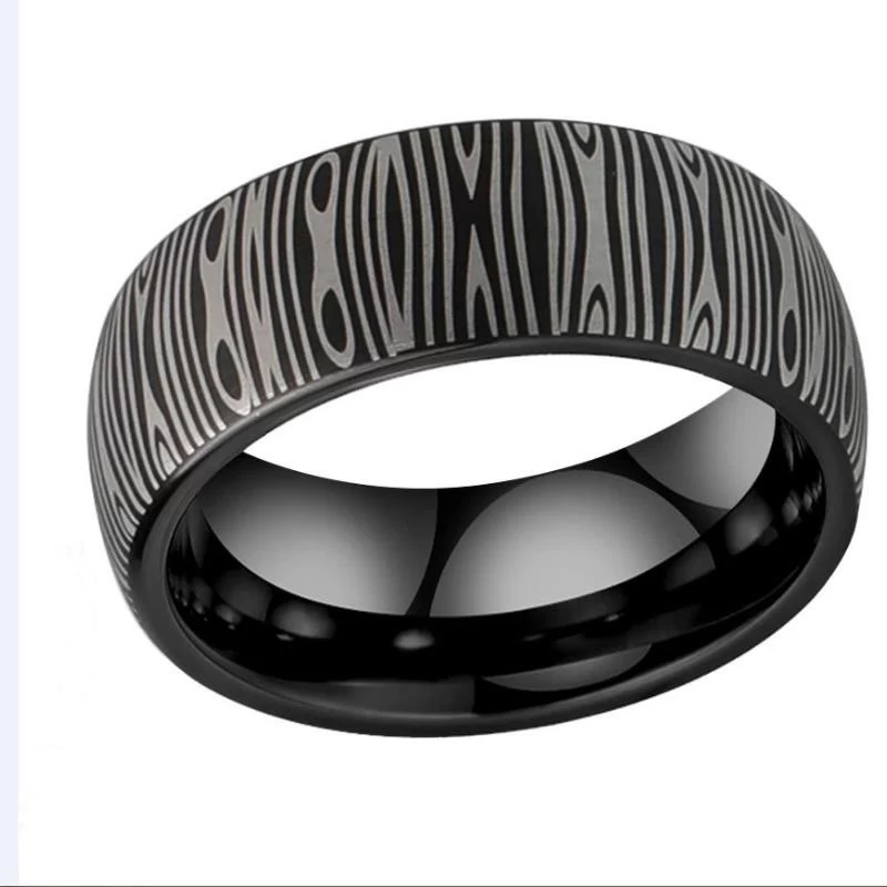 Amazing Hot selling 8mm Domed Black Brushed Tungsten Carbide Ring with Damascus pattern engraving
