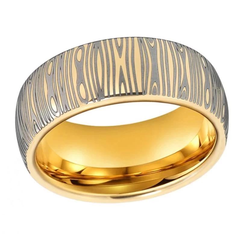 Newest Style Men\'s Tungsten Wedding Band Yellow Gold Tungsten Carbide Ring with Damascus pattern engraving finished