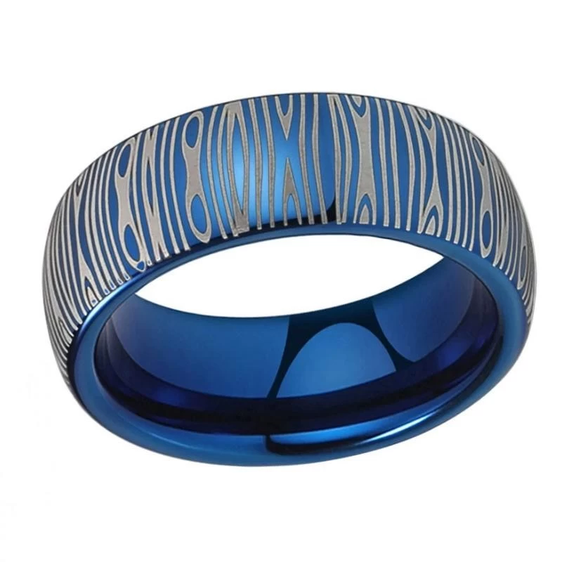 Kundenspezifischer Stil Herren Wolfram-Hochzeits-Band-blauer Wolframkarbid-Ring mit Damaskus-Muster-Gravur fertig