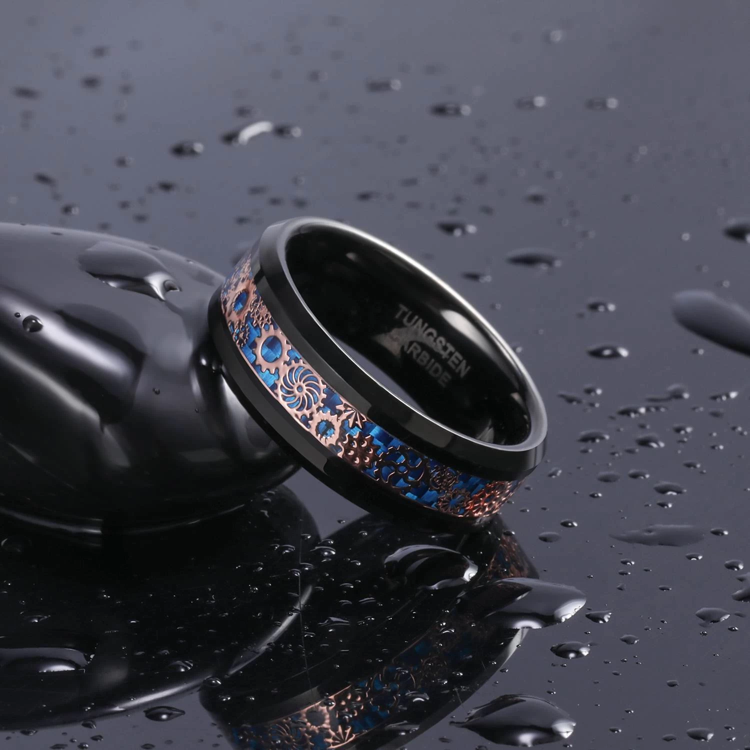 Mode und beliebt 8mm Männer Flache High Polished Black Wolfram Carbide Ring Satin Blau Kohlenstofffaser und Rose Gold Gear Inlay China Lieferant