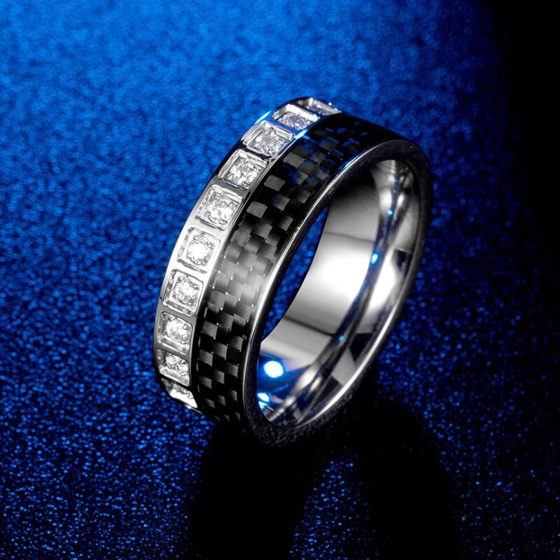 Newest Style Men\'s Tungsten Wedding Band Tungsten Carbide Ring with a Circle of Black Carbon Fiber and white CZ Stones on one Side