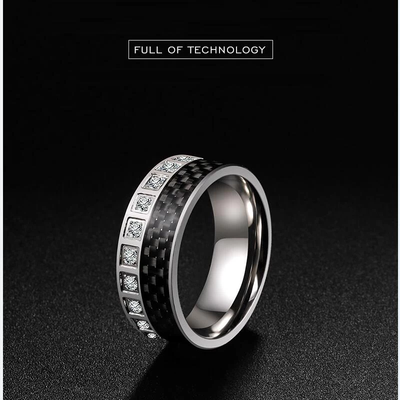 Newest Style Men\'s Tungsten Wedding Band Tungsten Carbide Ring with a Circle of Black Carbon Fiber and white CZ Stones on one Side