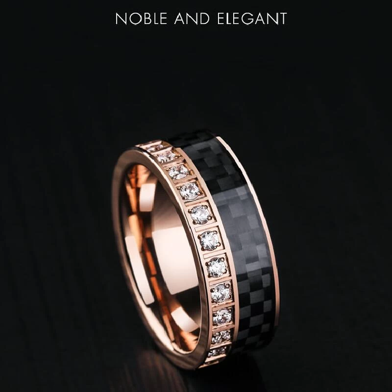 Neueste Stil Herren Wolfram Ehering Rose Gold Wolframkarbidring mit einem Kreis von schwarzem Kohlefaser und weißen CZ-Steinen auf einer Seite