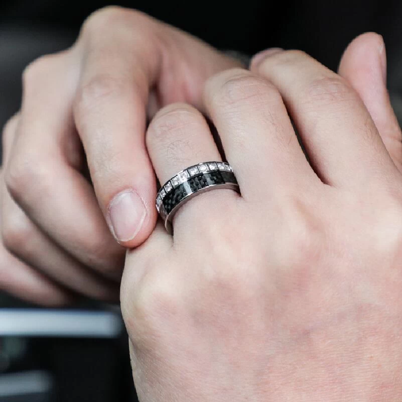 Newest Style Men\'s Tungsten Wedding Band Tungsten Carbide Ring with a Circle of Black Carbon Fiber and white CZ Stones on one Side