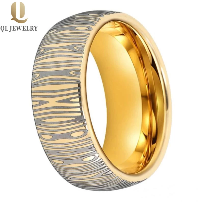 Newest Style Men\'s Tungsten Wedding Band Yellow Gold Tungsten Carbide Ring with Damascus pattern engraving finished