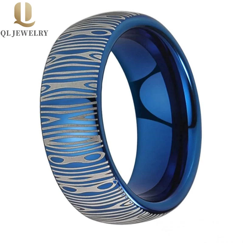 Kundenspezifischer Stil Herren Wolfram-Hochzeits-Band-blauer Wolframkarbid-Ring mit Damaskus-Muster-Gravur fertig