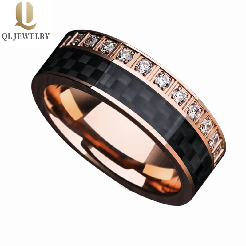 Neueste Stil Herren Wolfram Ehering Rose Gold Wolframkarbidring mit einem Kreis von schwarzem Kohlefaser und weißen CZ-Steinen auf einer Seite