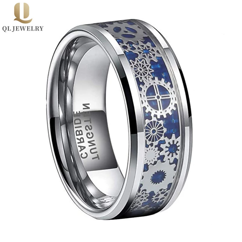 Beliebte 8mm Männer Flache hochglanzpolierte Wolframkarbid Ring Satin Blaue Kohlefaser und Silbergetriebe Inlay China Hersteller