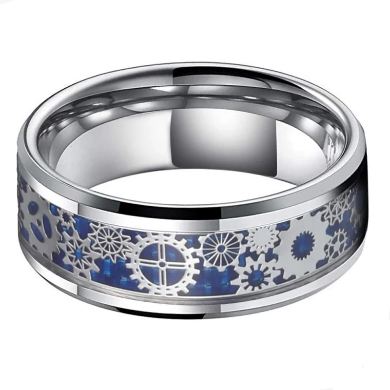 Beliebte 8mm Männer Flache hochglanzpolierte Wolframkarbid Ring Satin Blaue Kohlefaser und Silbergetriebe Inlay China Hersteller