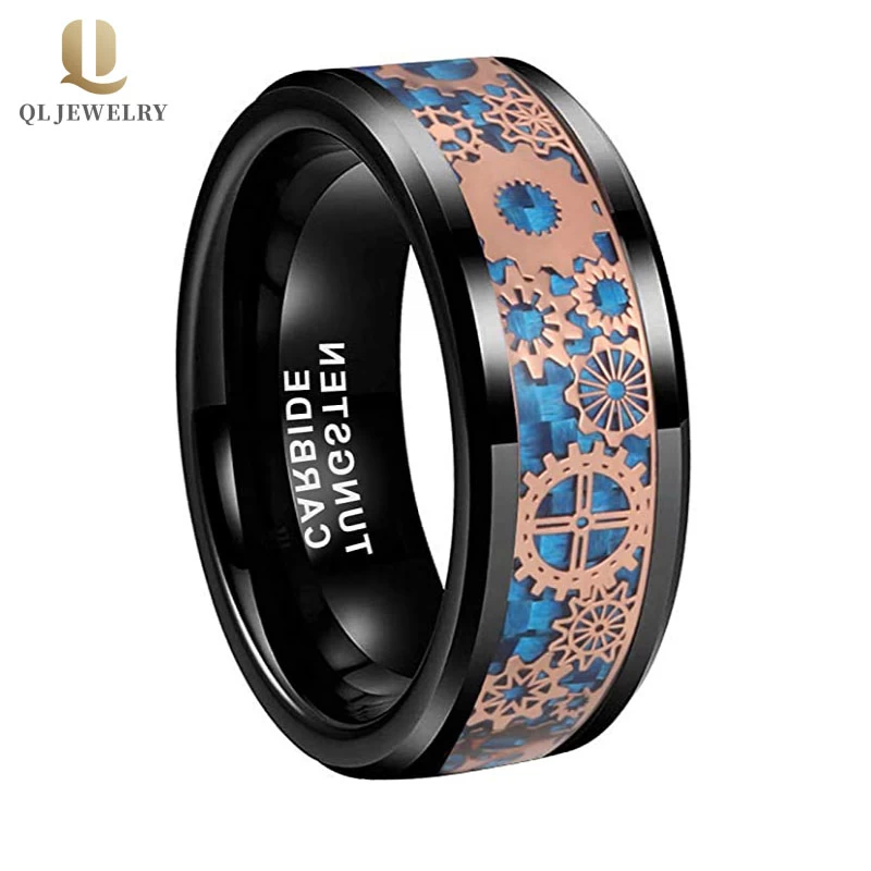 Mode und beliebt 8mm Männer Flache High Polished Black Wolfram Carbide Ring Satin Blau Kohlenstofffaser und Rose Gold Gear Inlay China Lieferant