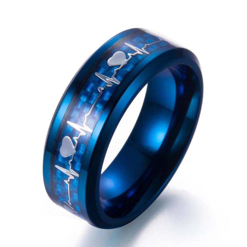 Fashion and Popular 8mm Men\'s Heartbeat Blue Tungsten Carbide Ring Blue Carbon Fiber and Silver Heartbeat inlay China Factory
