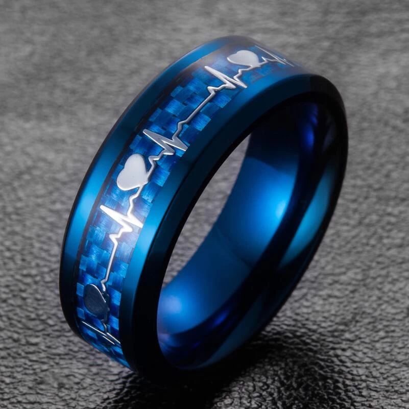 Fashion and Popular 8mm Men\'s Heartbeat Blue Tungsten Carbide Ring Blue Carbon Fiber and Silver Heartbeat inlay China Factory