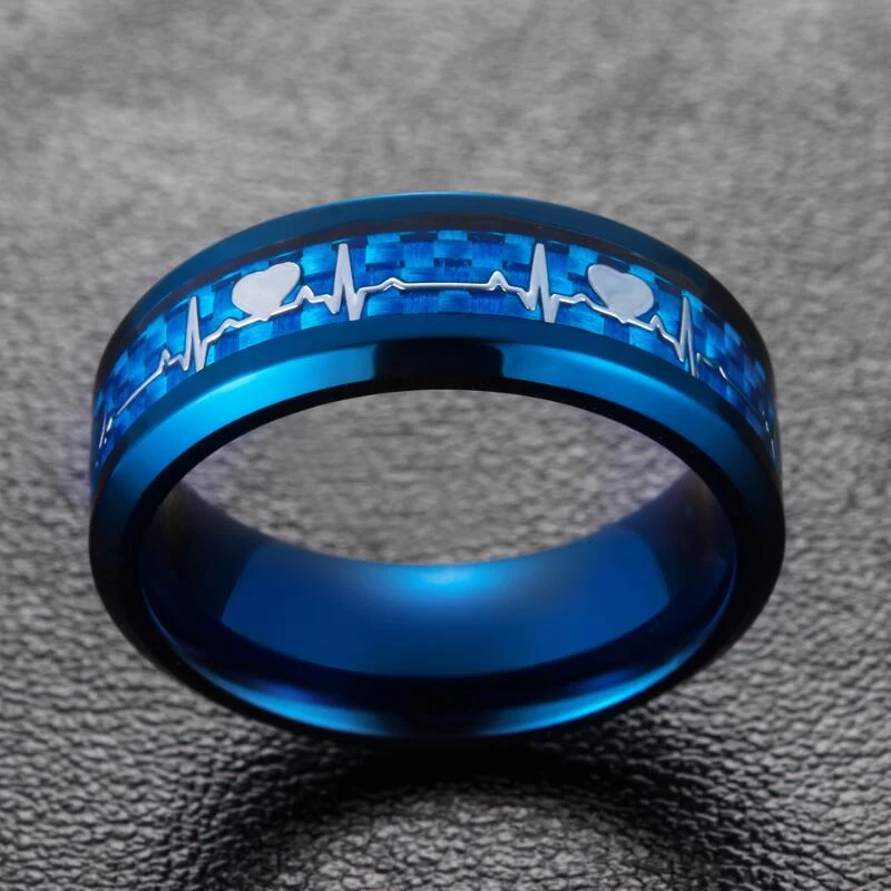 Fashion and Popular 8mm Men\'s Heartbeat Blue Tungsten Carbide Ring Blue Carbon Fiber and Silver Heartbeat inlay China Factory