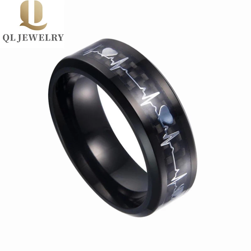 Bague de carbure de tungstène noir de ventes chaudes avec bords biseautés en fibre de carbone noir et d\'argent Beat Inlay Prix bas prix Chine Tungsten Ring Fabricant