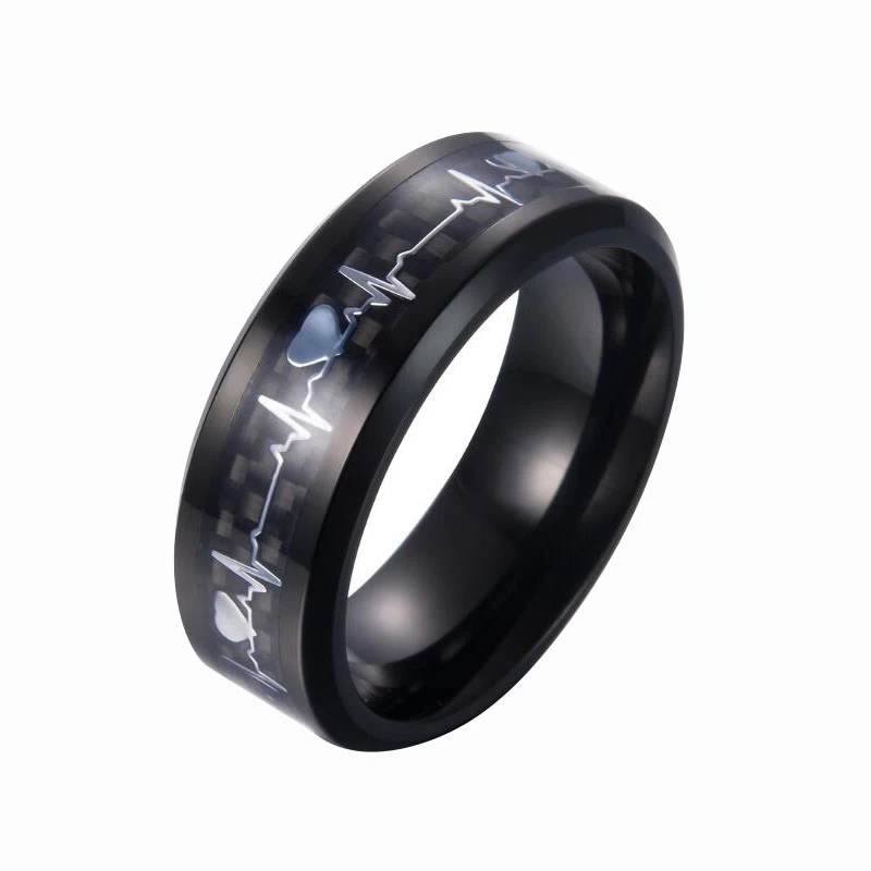 Bague de carbure de tungstène noir de ventes chaudes avec bords biseautés en fibre de carbone noir et d\'argent Beat Inlay Prix bas prix Chine Tungsten Ring Fabricant