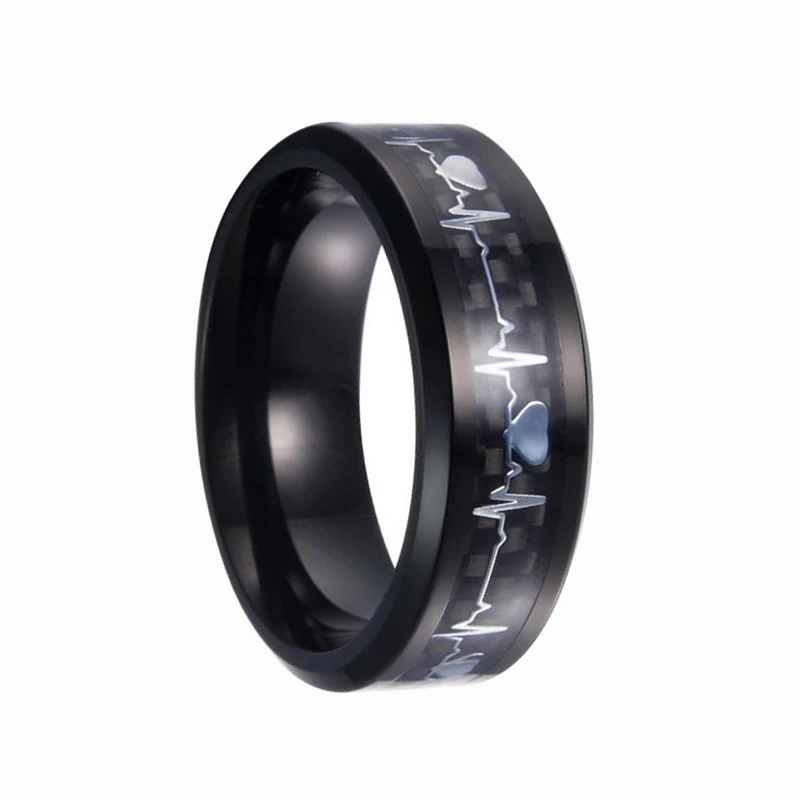 Bague de carbure de tungstène noir de ventes chaudes avec bords biseautés en fibre de carbone noir et d\'argent Beat Inlay Prix bas prix Chine Tungsten Ring Fabricant