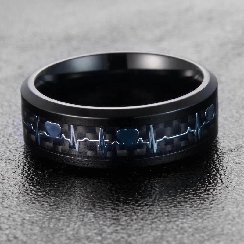 Bague de carbure de tungstène noir de ventes chaudes avec bords biseautés en fibre de carbone noir et d\'argent Beat Inlay Prix bas prix Chine Tungsten Ring Fabricant