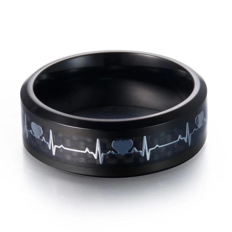 Bague de carbure de tungstène noir de ventes chaudes avec bords biseautés en fibre de carbone noir et d\'argent Beat Inlay Prix bas prix Chine Tungsten Ring Fabricant