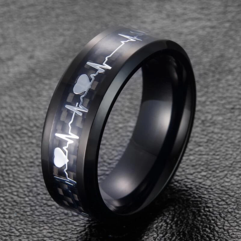 Bague de carbure de tungstène noir de ventes chaudes avec bords biseautés en fibre de carbone noir et d\'argent Beat Inlay Prix bas prix Chine Tungsten Ring Fabricant
