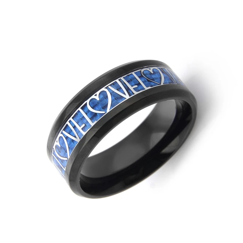 Nuove vendite calde 8mm Amante Heart Black Tungsteno Anello in metallo duro in fibra di carbonio blu fibra di carbonio e argento Amore e cuore Inlay Cina anello di tungsteno fornitore