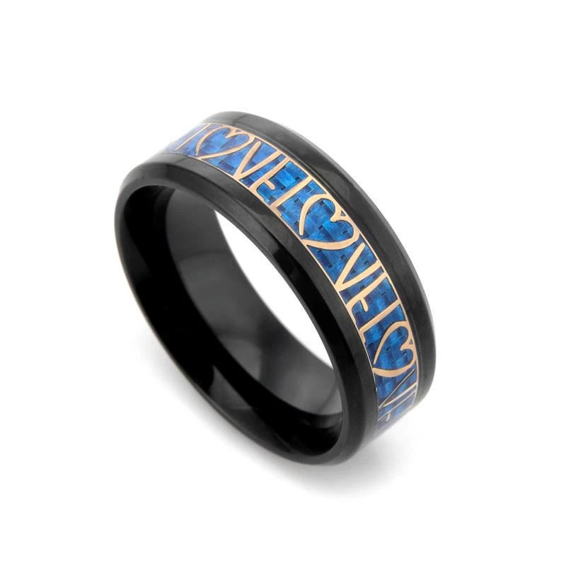 NEW hot sales 8mm  Couple Tungsten Ring Black Tungsten Carbide Ring Blue Carbon Fiber and Rose Gold LOVE and Heart inlay China Tungsten Ring Supplier