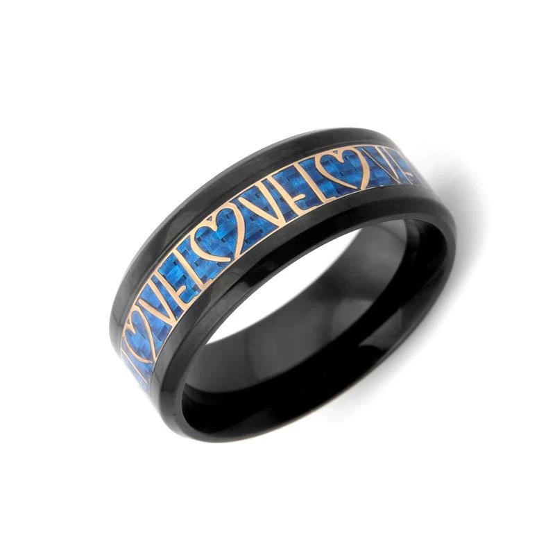 NEW hot sales 8mm  Couple Tungsten Ring Black Tungsten Carbide Ring Blue Carbon Fiber and Rose Gold LOVE and Heart inlay China Tungsten Ring Supplier