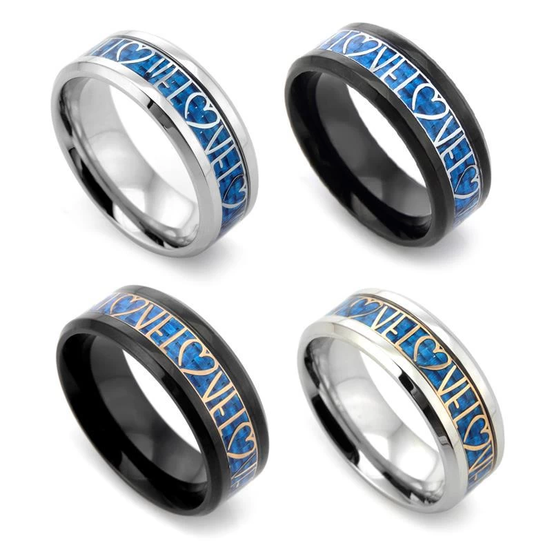 Wolframring des benutzerdefinierten Paares Wolfram Ring Normaler Wolframkarbid Ring Blaue Kohlefaser und Gelbgold Liebe und Herz Inlay China Wolfram Ring Lieferant