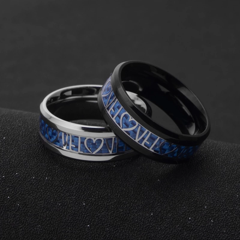 Nuove vendite calde 8mm Amante Heart Black Tungsteno Anello in metallo duro in fibra di carbonio blu fibra di carbonio e argento Amore e cuore Inlay Cina anello di tungsteno fornitore