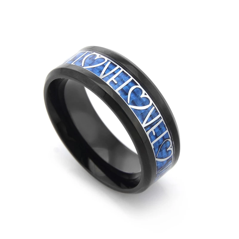 Nuove vendite calde 8mm Amante Heart Black Tungsteno Anello in metallo duro in fibra di carbonio blu fibra di carbonio e argento Amore e cuore Inlay Cina anello di tungsteno fornitore