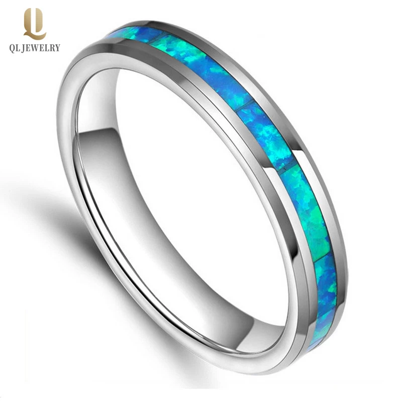 Beliebte 4mm hochpolierte abgeschrägte Kanten Feste Opal Inlay Wolfram Ehering Damen Opal Wolfram Carbide Ring China Fabrik