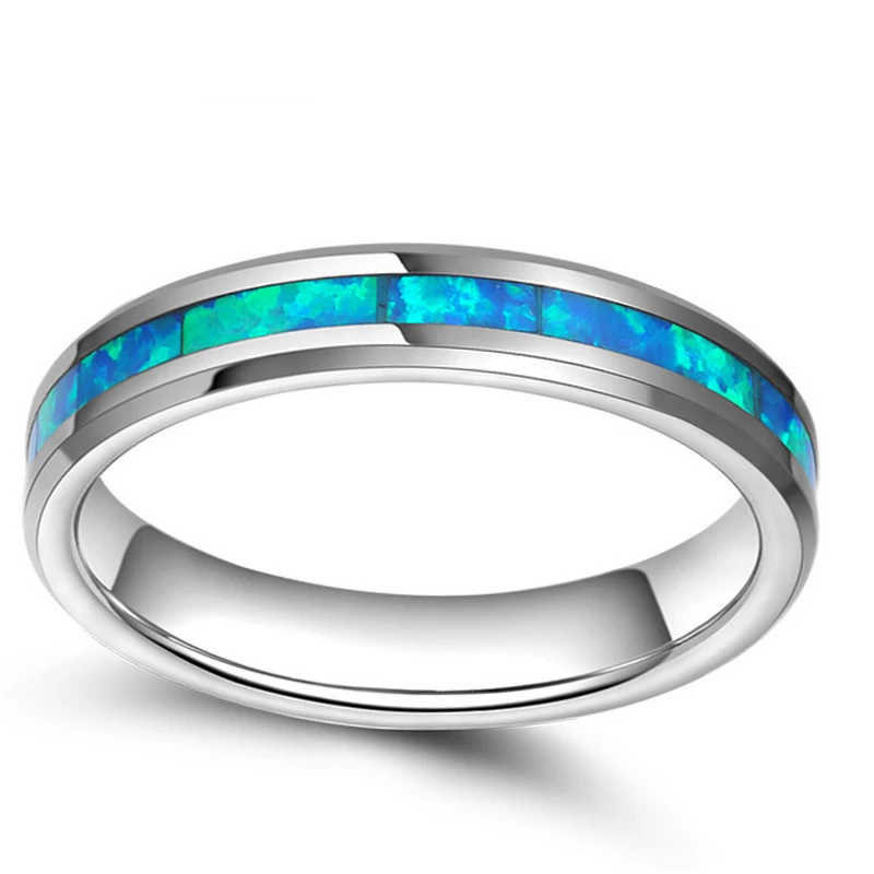Beliebte 4mm hochpolierte abgeschrägte Kanten Feste Opal Inlay Wolfram Ehering Damen Opal Wolfram Carbide Ring China Fabrik