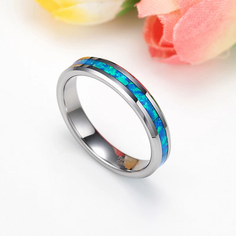 Beliebte 4mm hochpolierte abgeschrägte Kanten Feste Opal Inlay Wolfram Ehering Damen Opal Wolfram Carbide Ring China Fabrik