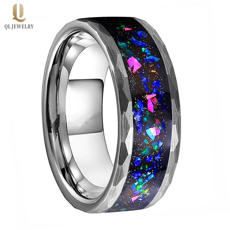 NEW mens 8mm Wide Brushed Faceted Tungsten Carbide Ring with colorful opal inlay China Tungsten Ring manufacturer Factory