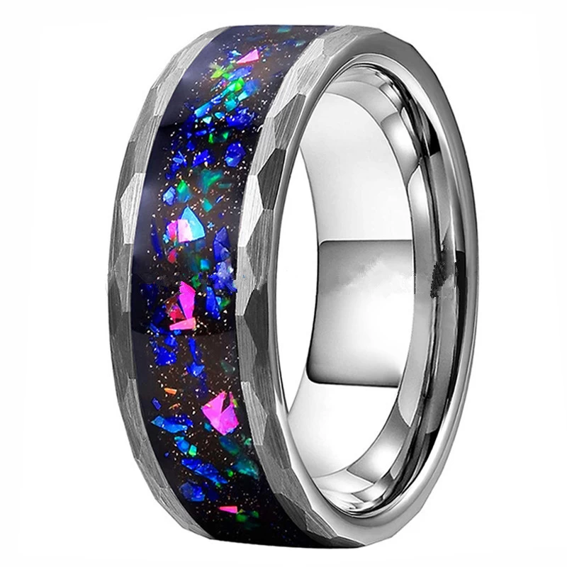 NEW mens 8mm Wide Brushed Faceted Tungsten Carbide Ring with colorful opal inlay China Tungsten Ring manufacturer Factory