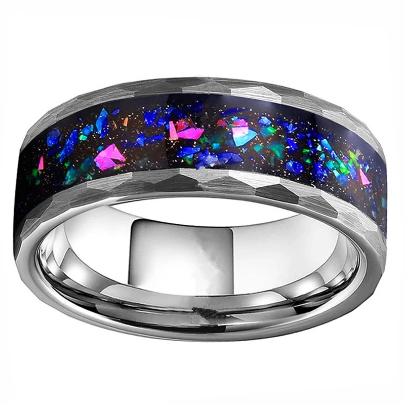 NEW mens 8mm Wide Brushed Faceted Tungsten Carbide Ring with colorful opal inlay China Tungsten Ring manufacturer Factory