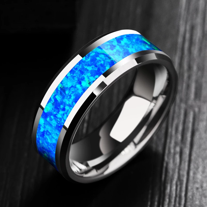Popular 8mm High Polished Beveled Edges Solid Opal inlay Tungsten Wedding Band Opal Tungsten Carbide Ring China Factory