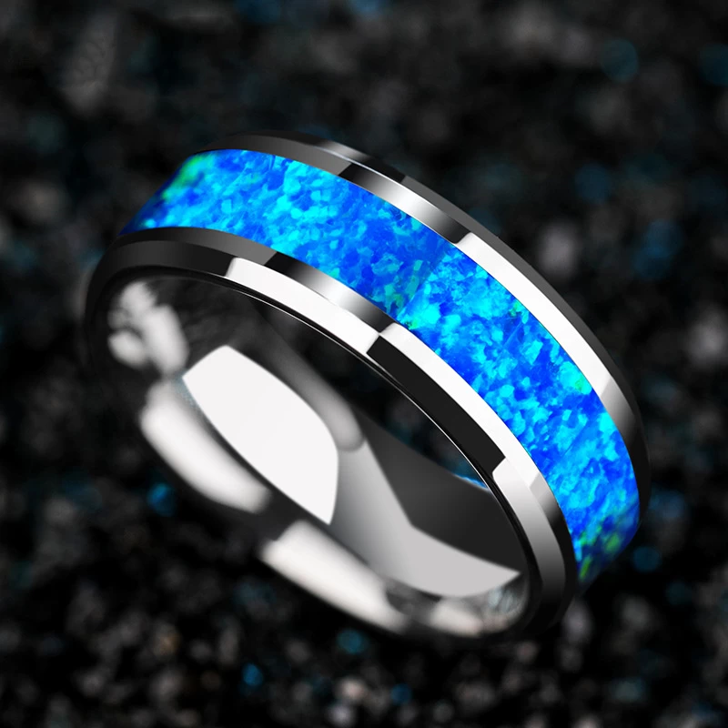 Popular 8mm High Polished Beveled Edges Solid Opal inlay Tungsten Wedding Band Opal Tungsten Carbide Ring China Factory