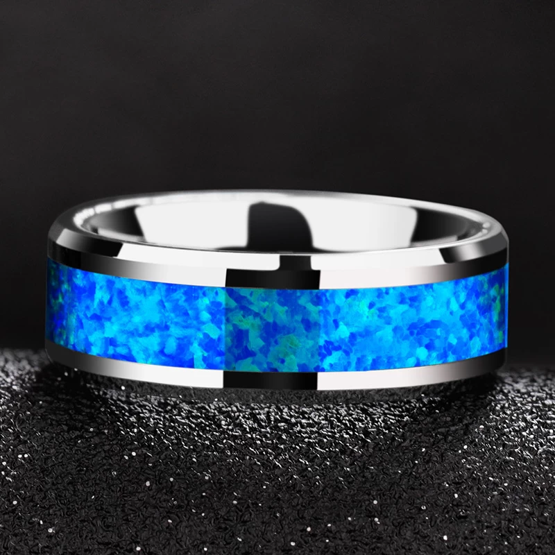 Popular 8mm High Polished Beveled Edges Solid Opal inlay Tungsten Wedding Band Opal Tungsten Carbide Ring China Factory