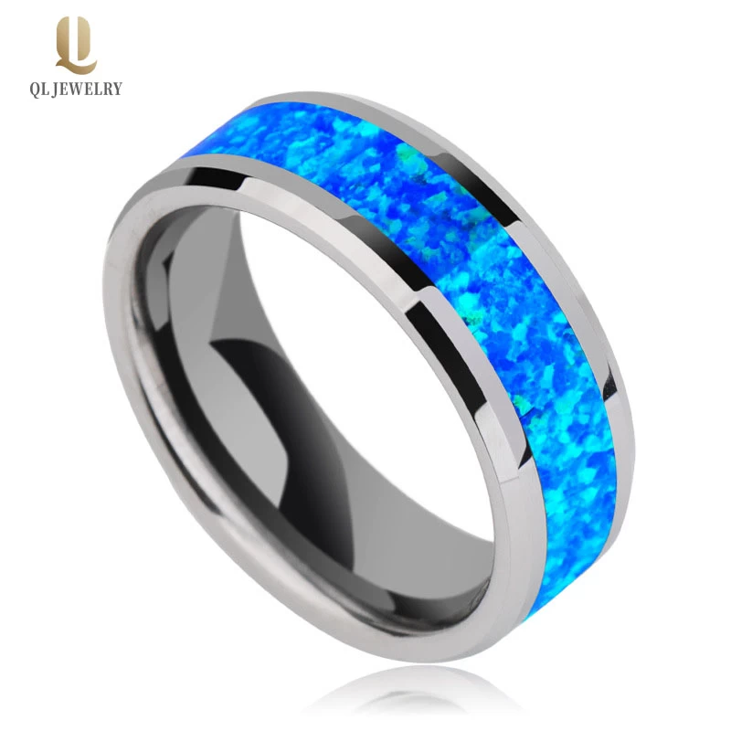 Popular 8mm High Polished Beveled Edges Solid Opal inlay Tungsten Wedding Band Opal Tungsten Carbide Ring China Factory