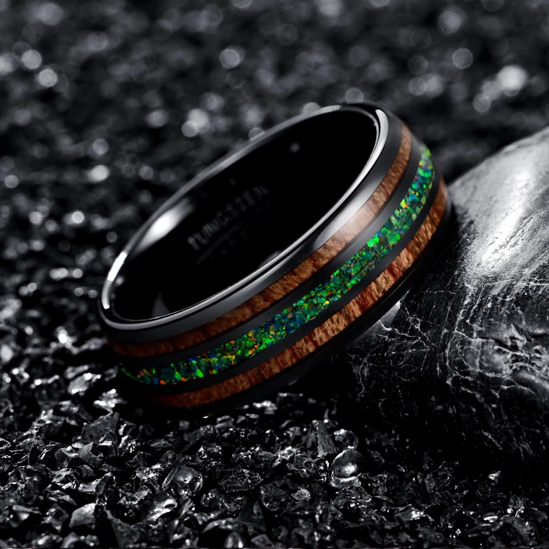 Amazing 8mm High Polished Domed Opal and Wood inlay Black Tungsten Wedding Band Opal Tungsten Ring Wood Tungsten Ring China Factory
