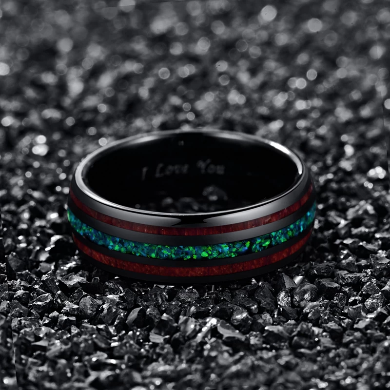 Amazing 8mm High Polished Domed Opal and Wood inlay Black Tungsten Wedding Band Opal Tungsten Ring Wood Tungsten Ring China Factory