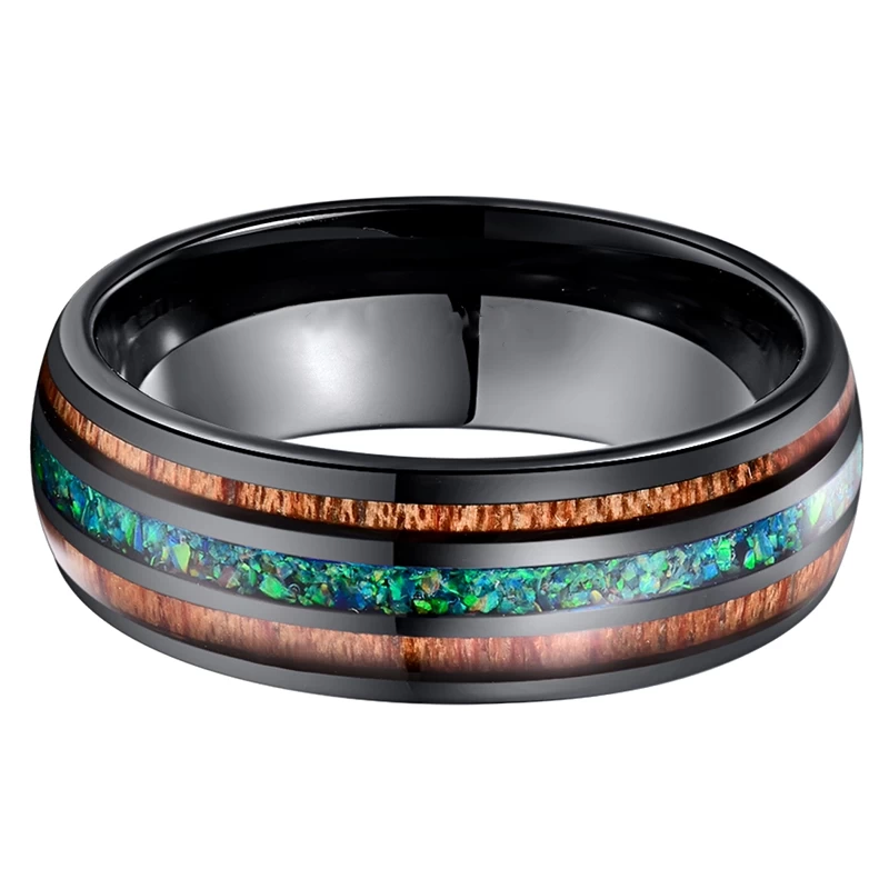 Amazing 8mm High Polished Domed Opal and Wood inlay Black Tungsten Wedding Band Opal Tungsten Ring Wood Tungsten Ring China Factory
