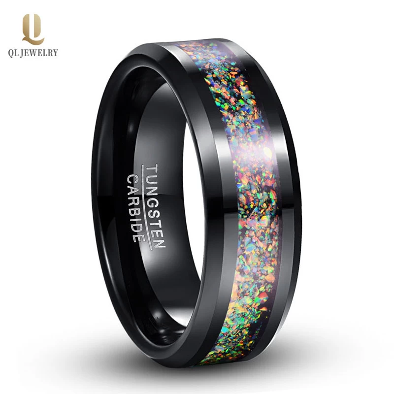 Amazing 8mm High Polished Beveled Edges Solid Opal inlay Black Tungsten Wedding Band Opal Black Tungsten Carbide Ring China Factory