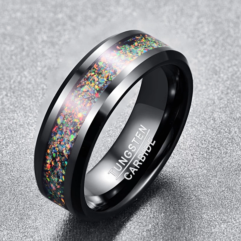 Amazing 8mm High Polished Beveled Edges Solid Opal inlay Black Tungsten Wedding Band Opal Black Tungsten Carbide Ring China Factory