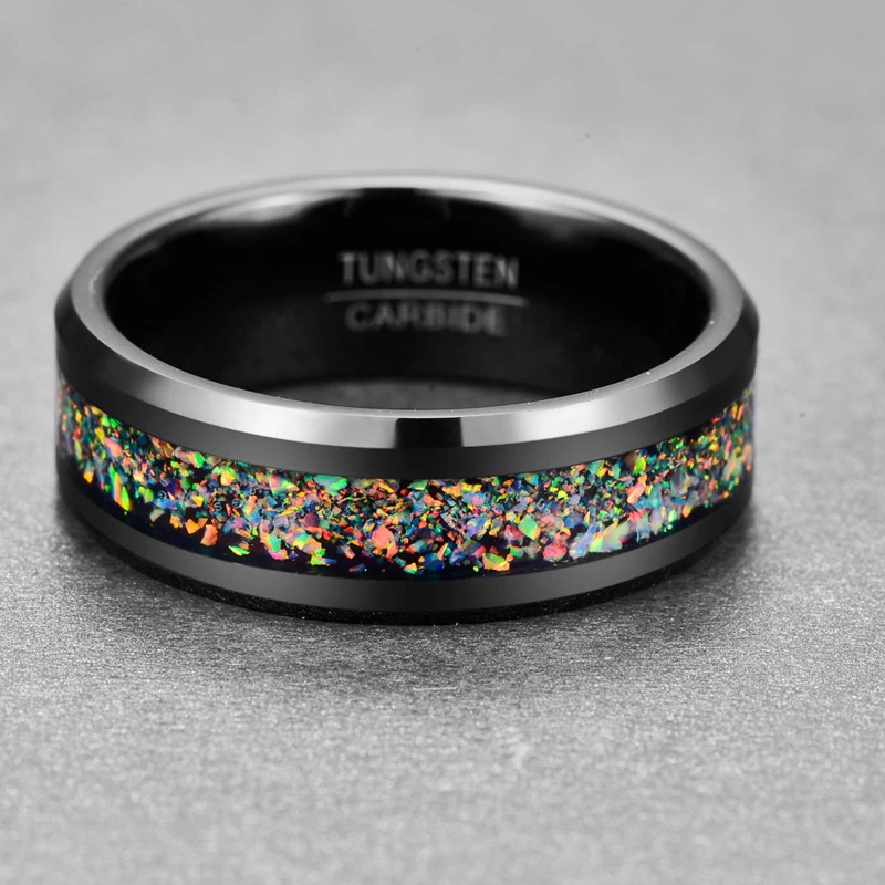 Amazing 8mm High Polished Beveled Edges Solid Opal inlay Black Tungsten Wedding Band Opal Black Tungsten Carbide Ring China Factory