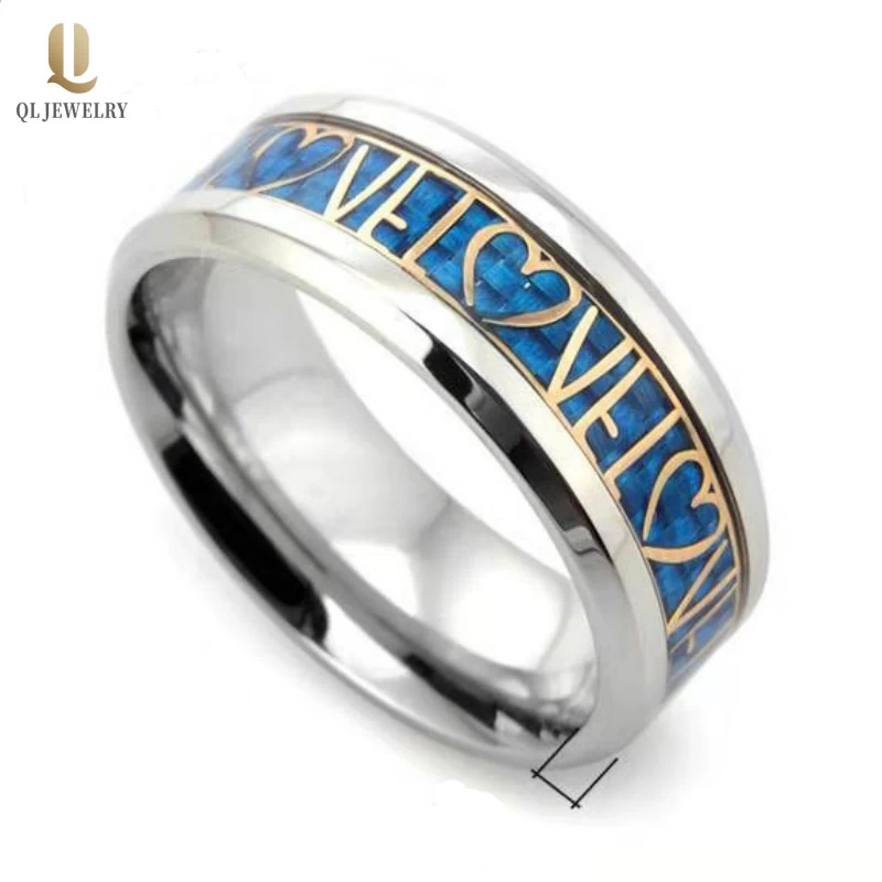 Wolframring des benutzerdefinierten Paares Wolfram Ring Normaler Wolframkarbid Ring Blaue Kohlefaser und Gelbgold Liebe und Herz Inlay China Wolfram Ring Lieferant