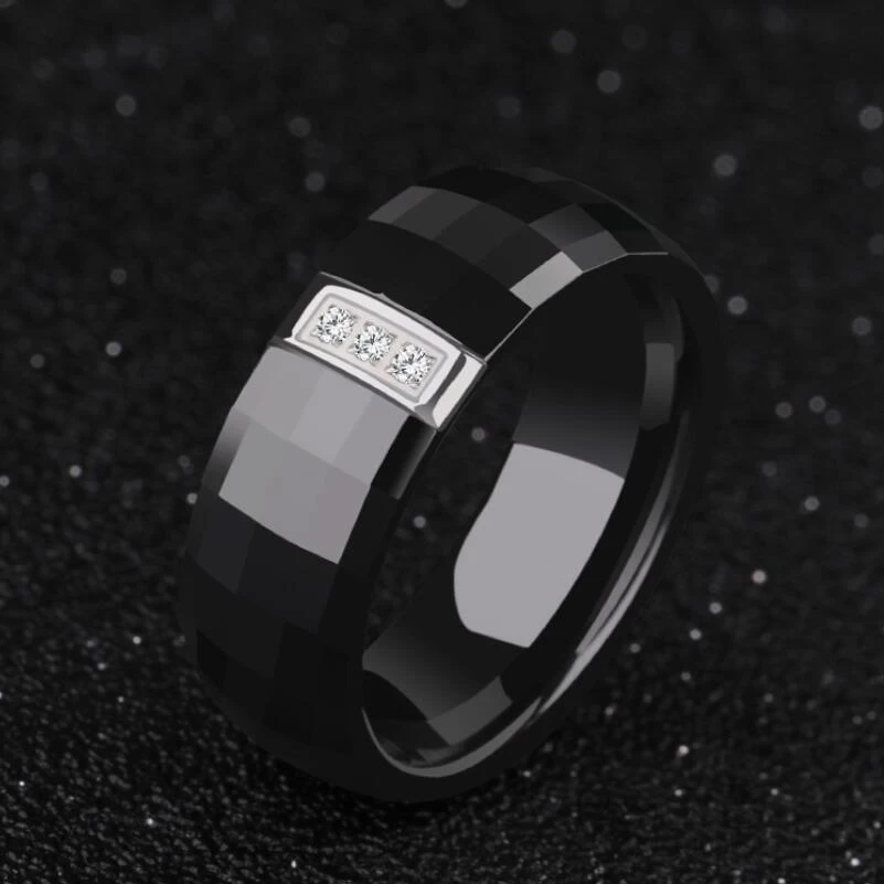 Anello in ceramica nera sfaccettata 8mm ad alta lucidata e cz Inlay Mens Ceramic Wedding Bands Fashion Plain Ceramic Anello Cina Produttore